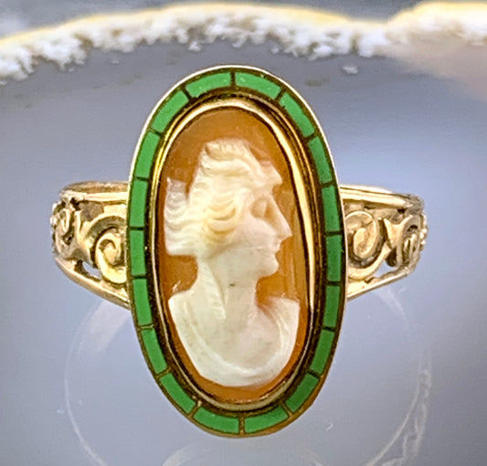 Antique Carved Shell Cameo & Enamel Conversion Ring