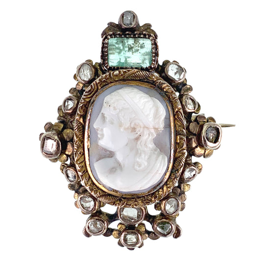 Sold--Antique 18K, Diamond, Emerald & Carved Hardstone Cameo Brooch