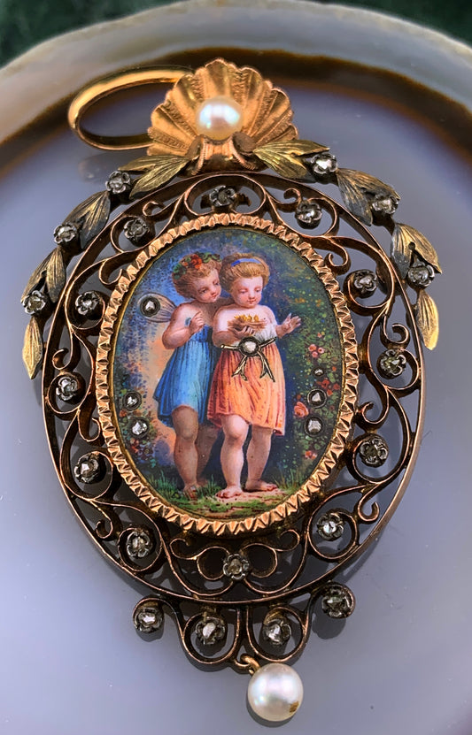 Antique French 18K, Diamond, Pearl & Hand Painted Enamel Locket Back Pendant