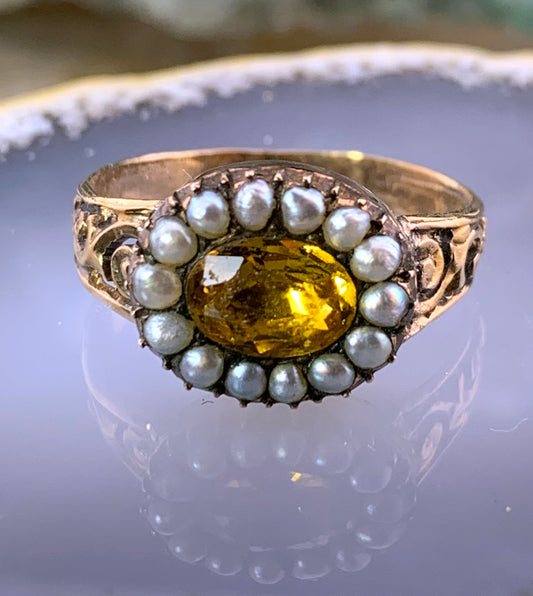 Antique 14K, 12K, Citrine & Seed Pearl Conversion Ring