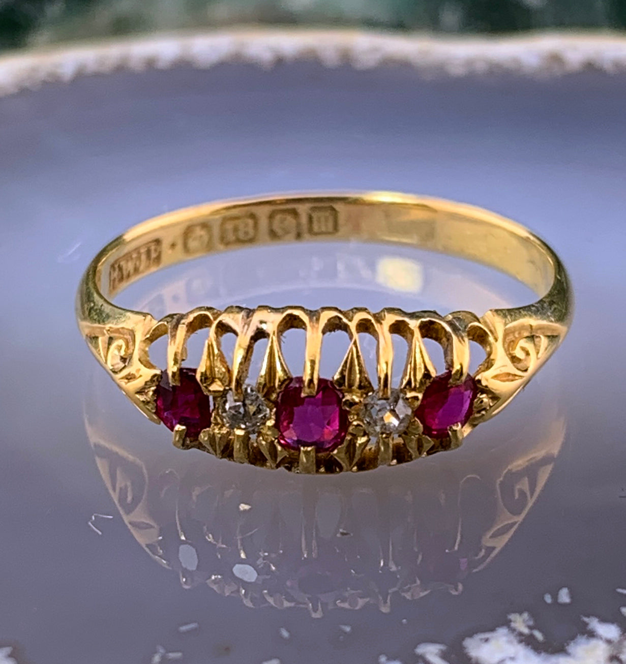 Antique English 18K, Diamond & Paste Ruby Ring