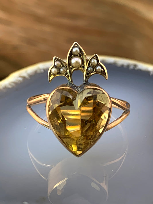 Antique 14K, 9K, Citrine & Seed Pearl Heart Crown Conversion Ring