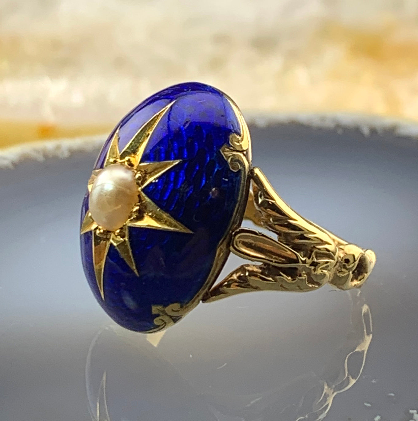 Antique 15K, Pearl & Enamel Celestial Ring