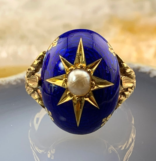 Antique 15K, Pearl & Enamel Celestial Ring