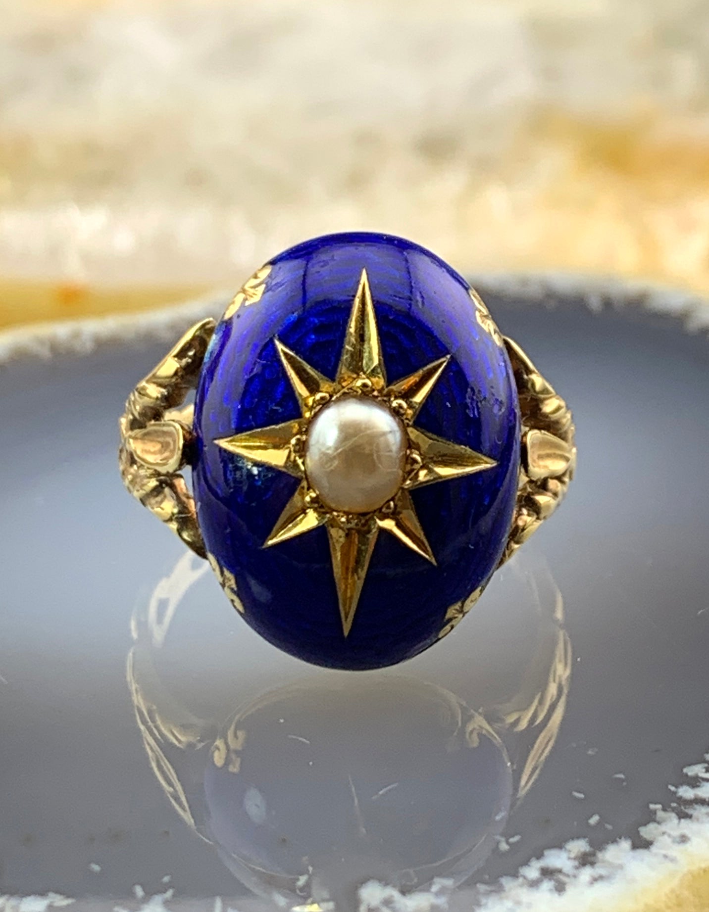 Antique 15K, Pearl & Enamel Celestial Ring