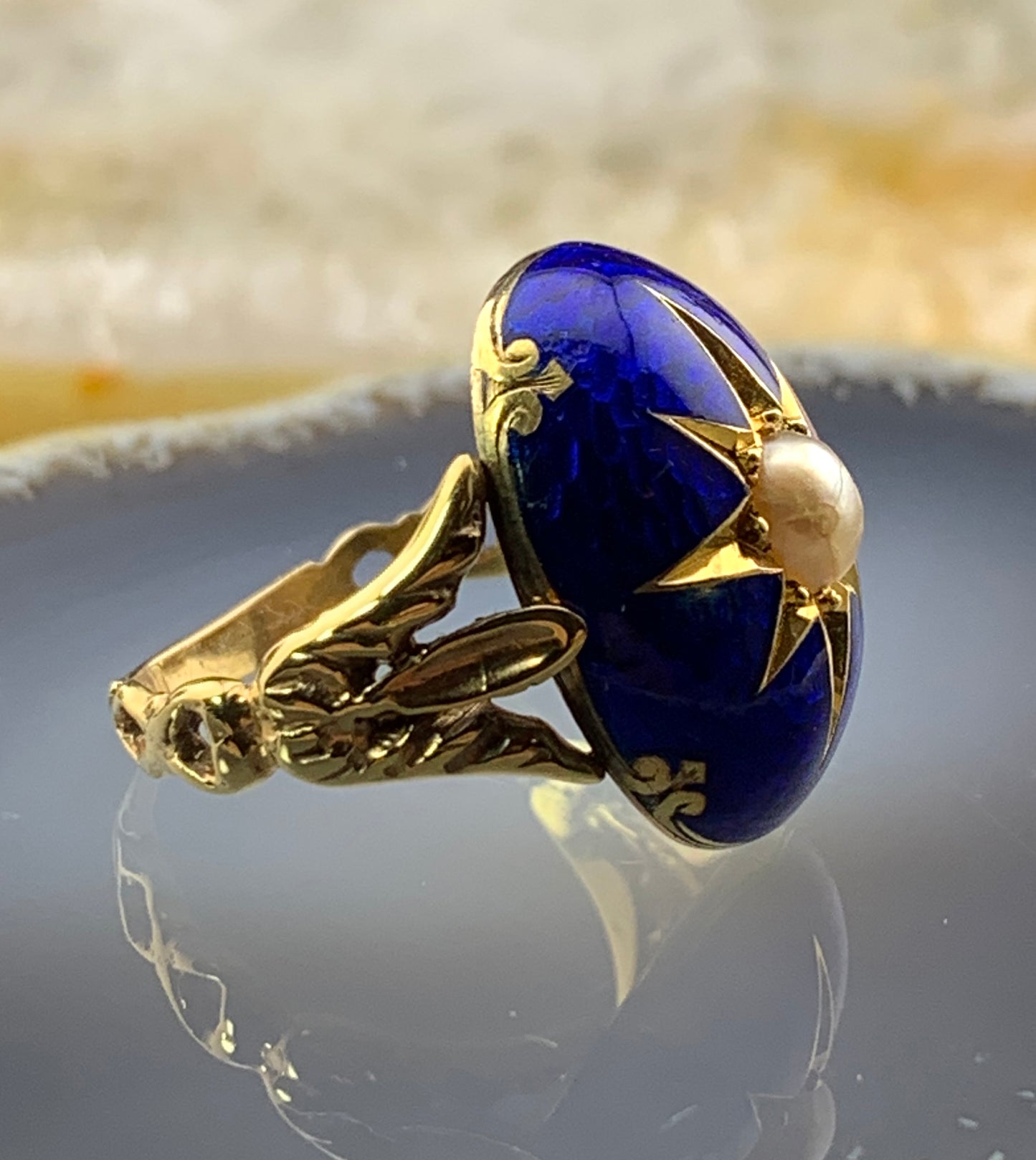 Antique 15K, Pearl & Enamel Celestial Ring