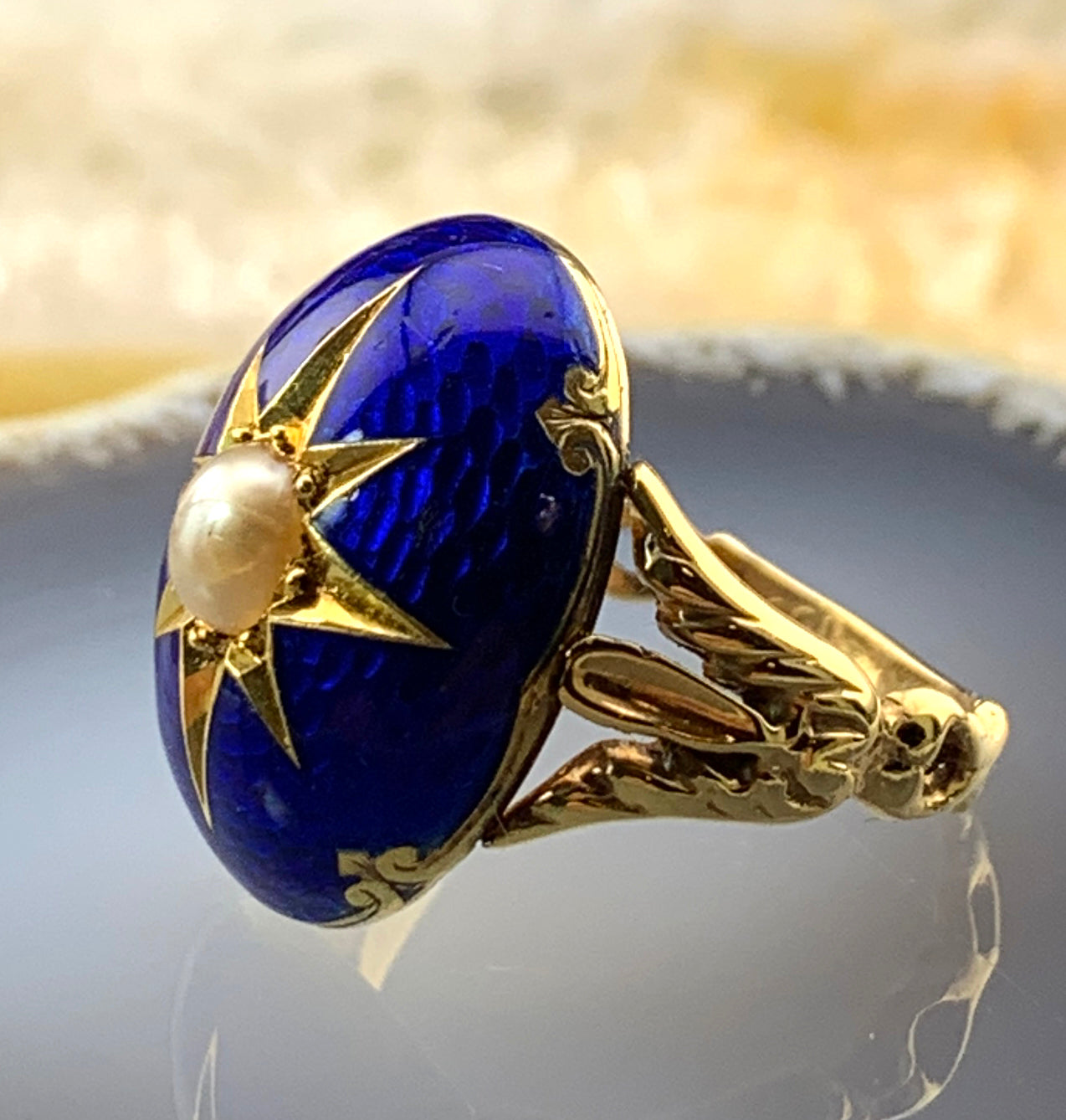 Antique 15K, Pearl & Enamel Celestial Ring
