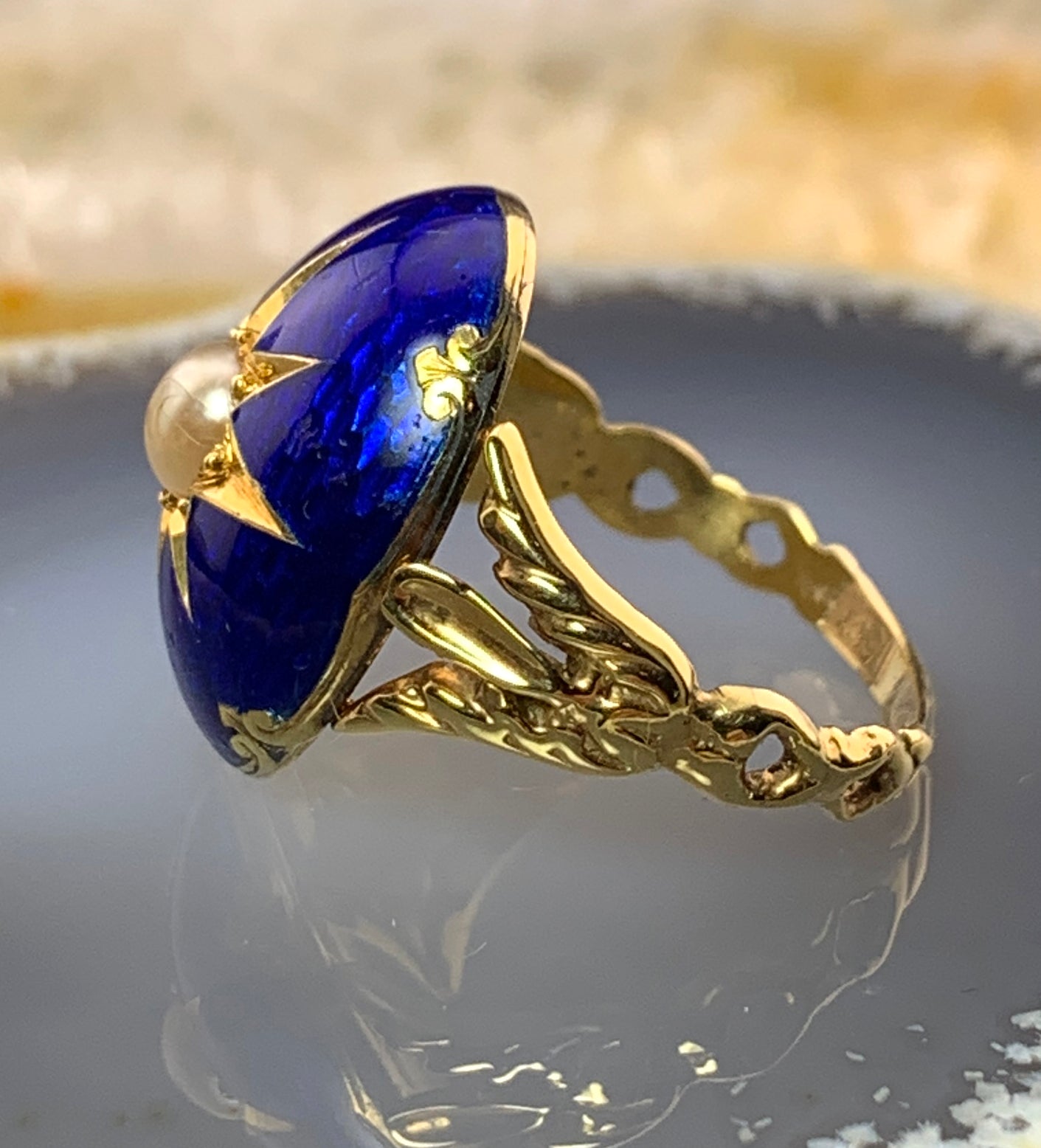 Antique 15K, Pearl & Enamel Celestial Ring