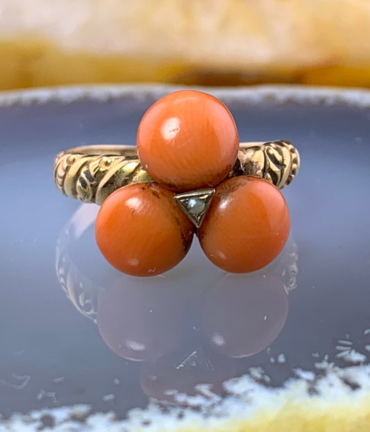 Antique 14K, Coral & Pearl Conversion Ring