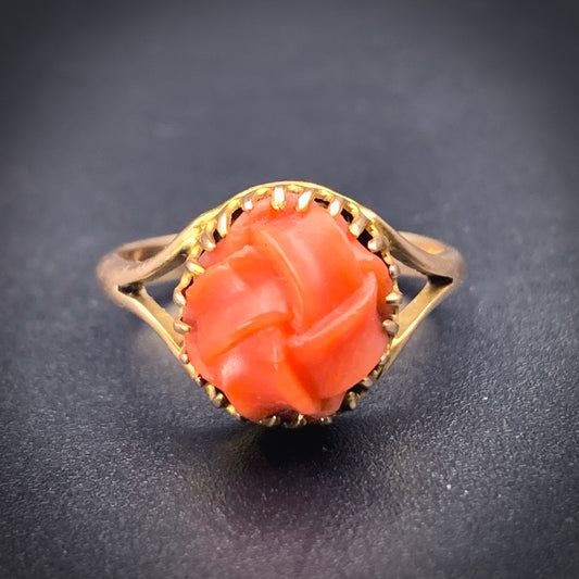 Antique 9K & Carved Coral Love Knot Ring