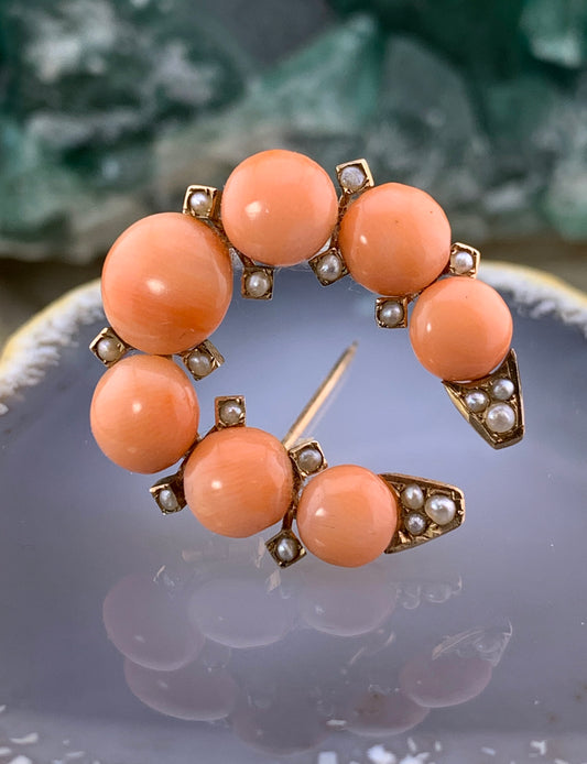 Antique 15K, Coral & Seed Pearl Horse Shoe Brooch