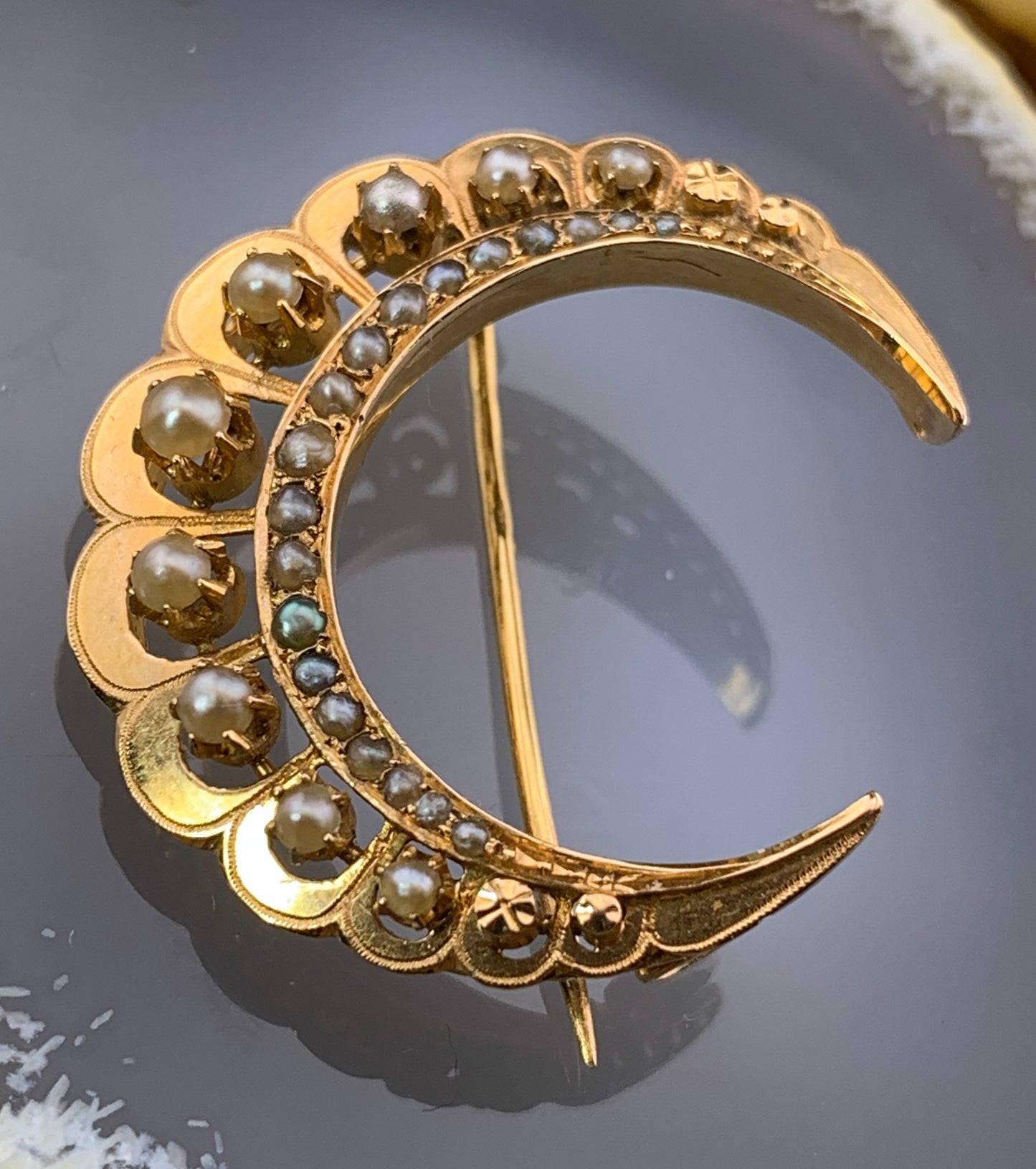Sold Antique 18K & Seed Pearl Crescent Brooch