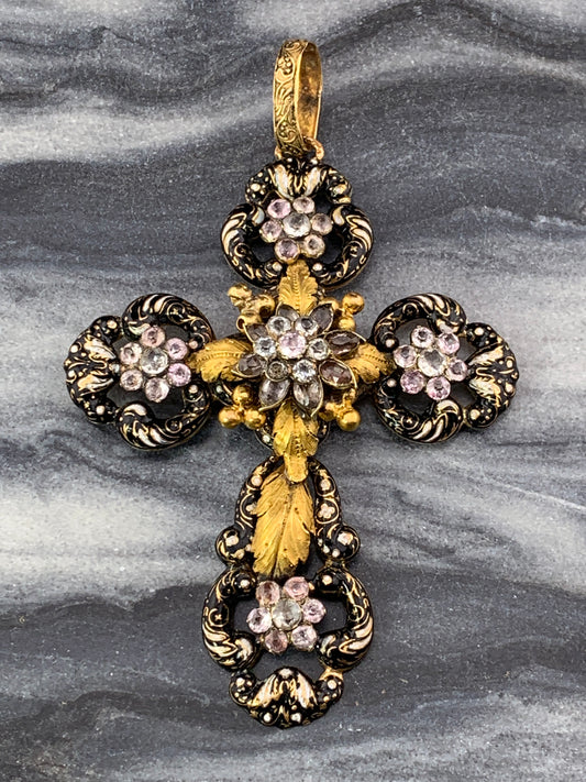 Antique French 18K, Paste Diamond, Topaz, Amethyst & Enamel Cross Pendant