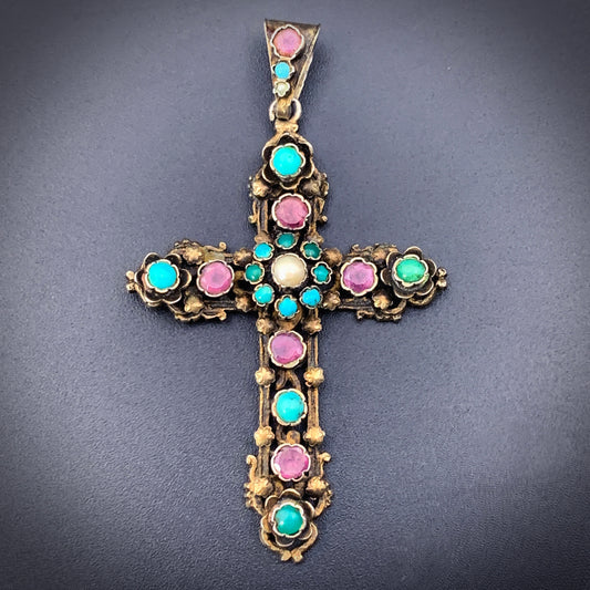 Antique Austro Hungarian Silver, Turquoise, Tourmaline & Pearl Cross Pendant