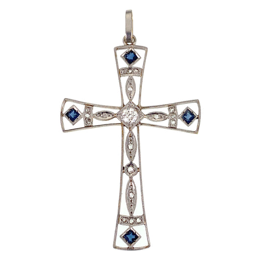 SOLD Art Deco 18K, Platinum, Diamond & Sapphire Cross Pendant