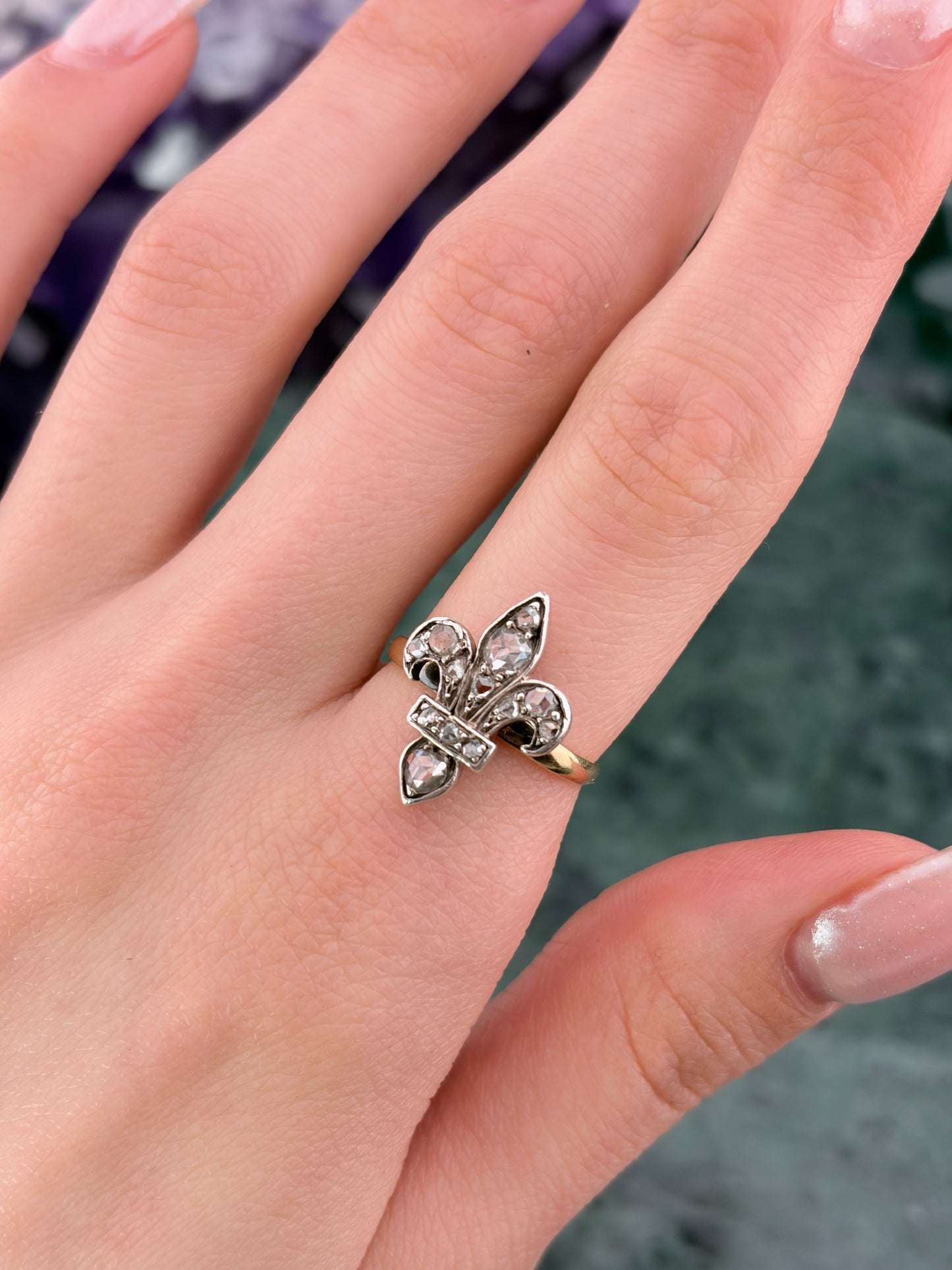 SOLD Antique Belle Epoque 20K, Platinum & Diamond Fleur de Lis Ring