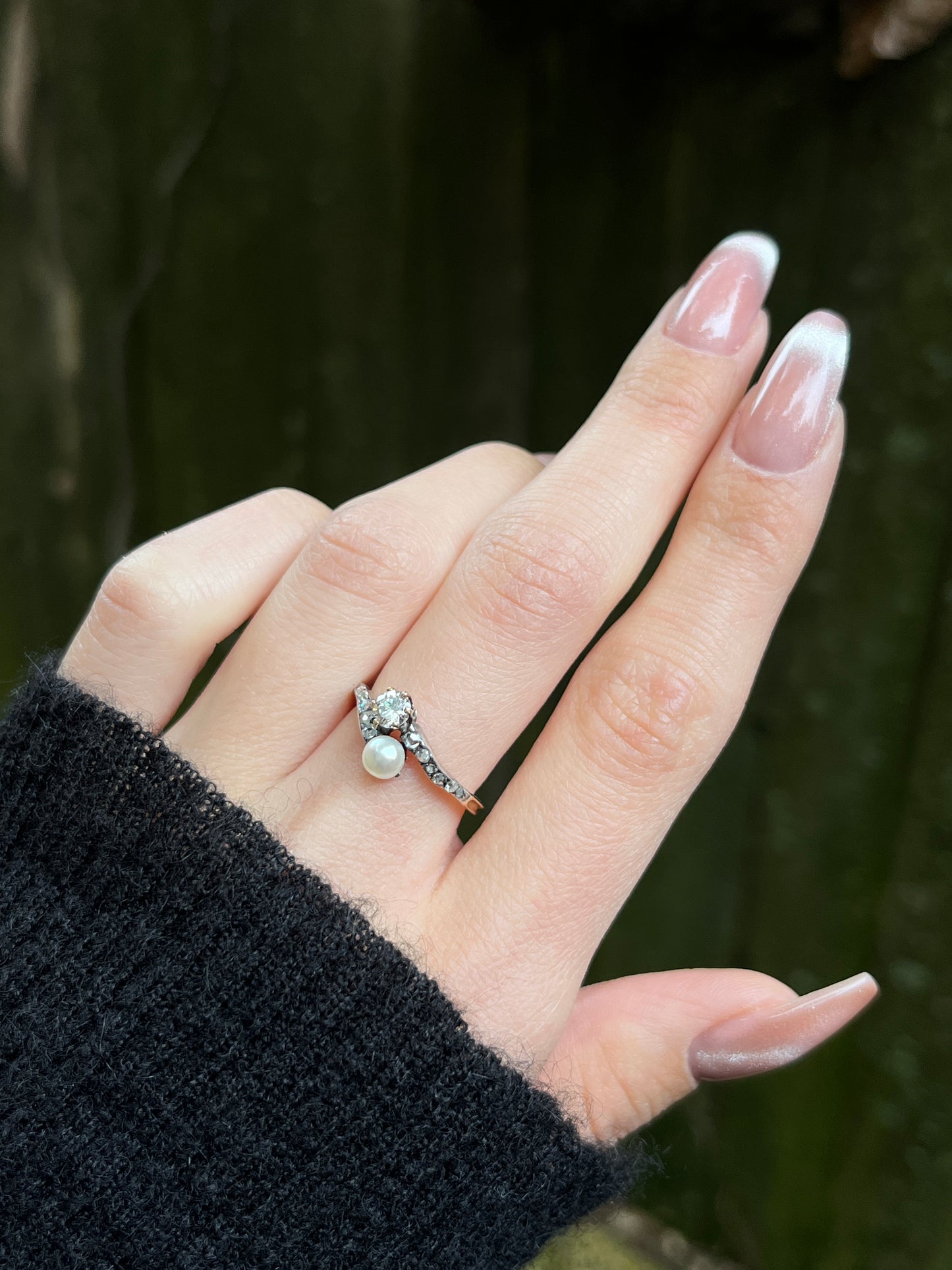 Antique French 18K, Silver, Diamond & Pearl Toi Et Moi Ring