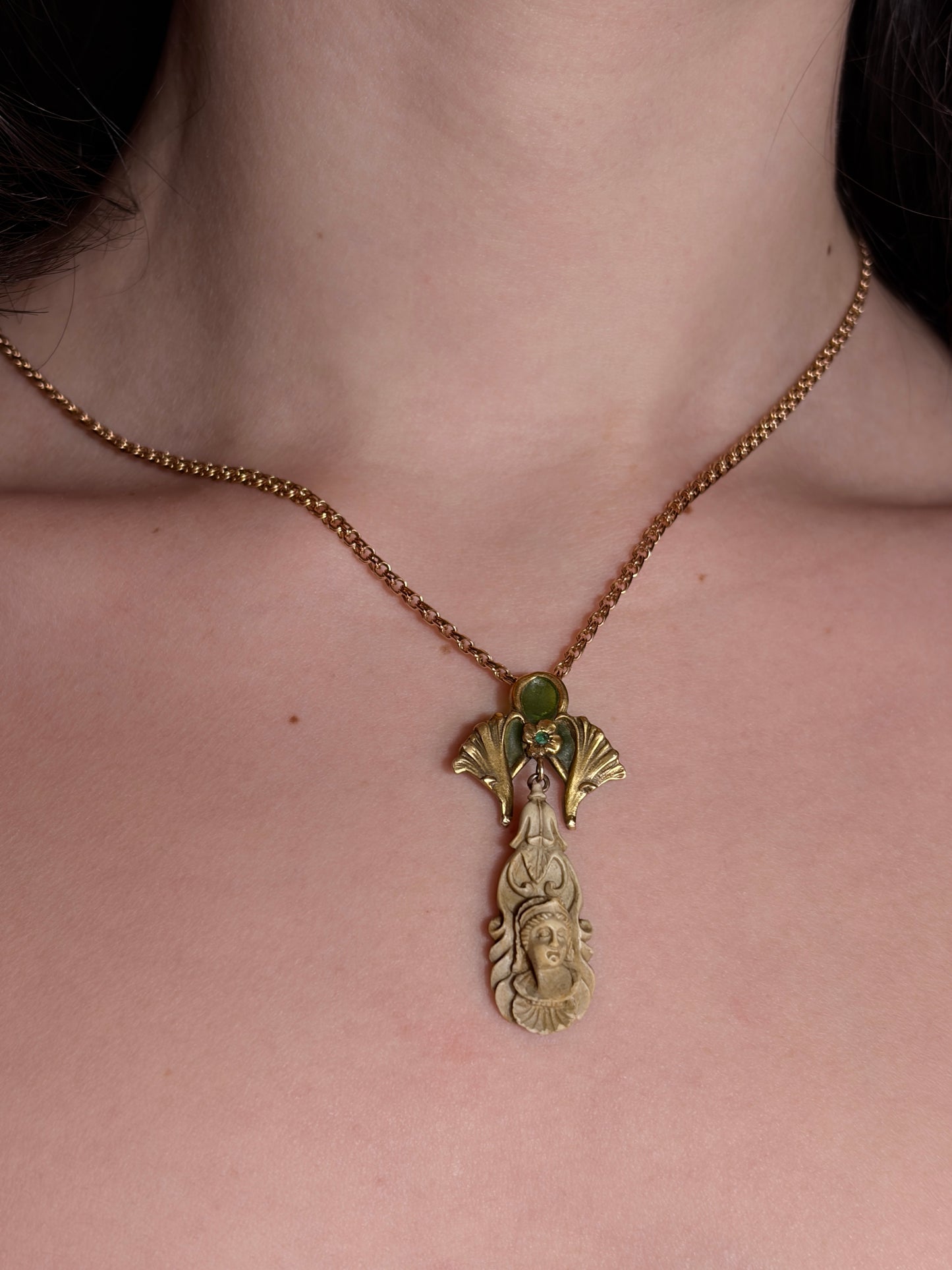 Antique Art Nouveau 14K Plique A Jour & Lava Cameo Upcycled Pendant