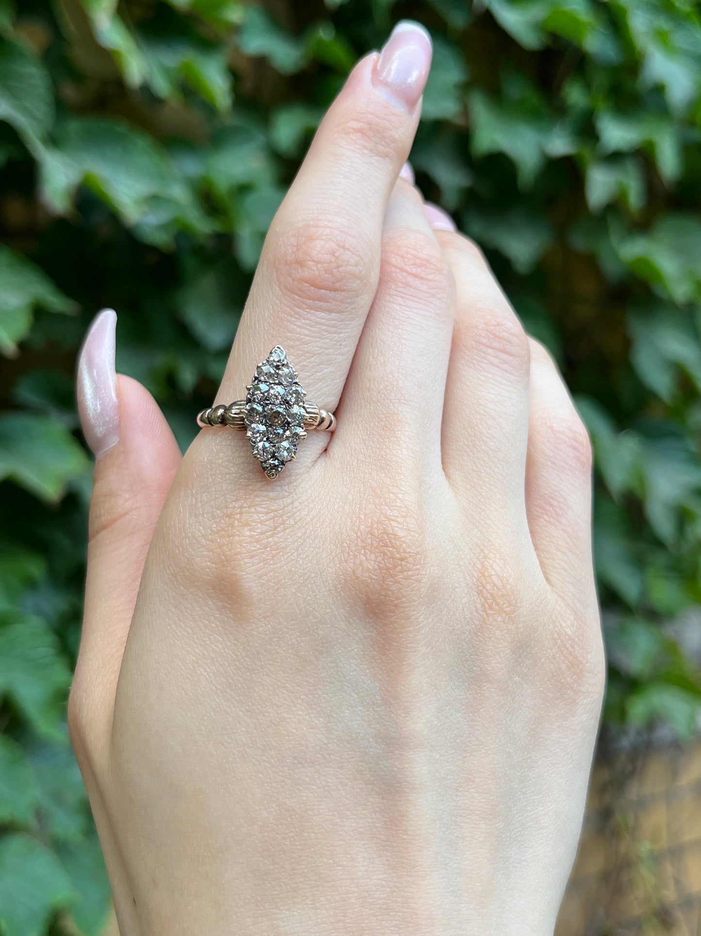 Antique 18K, Silver & Diamond Navette Dinner Ring