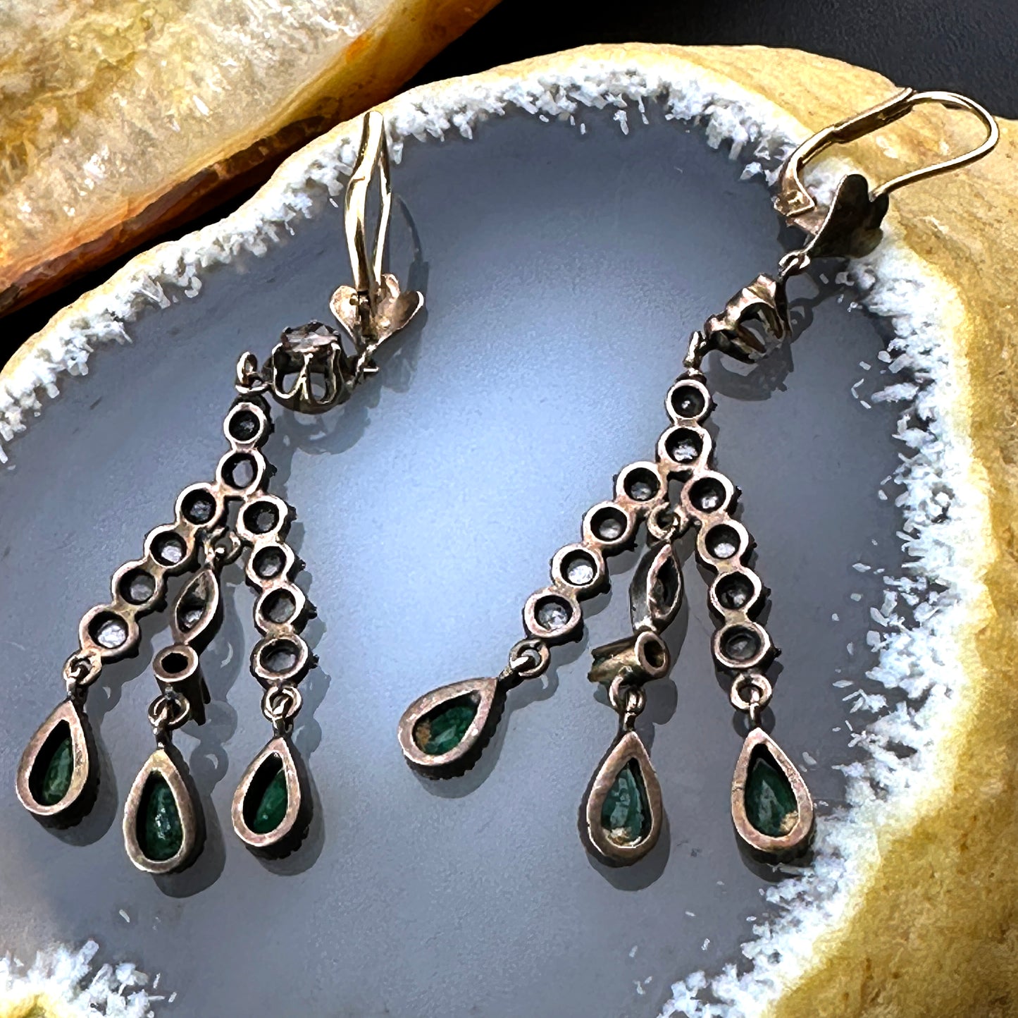 Antique 14K, Silver, Diamond & Emerald Earrings