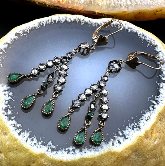 Antique 14K, Silver, Diamond & Emerald Earrings