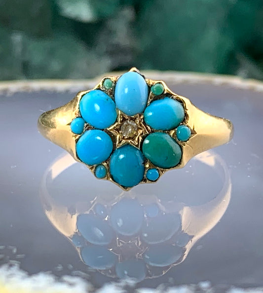 Antique 15K, Turquoise & Diamond Ring
