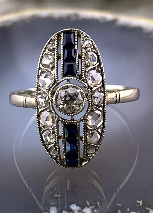 Antique French Art Deco 18K, Platinum, Diamond & Sapphire Navette Ring