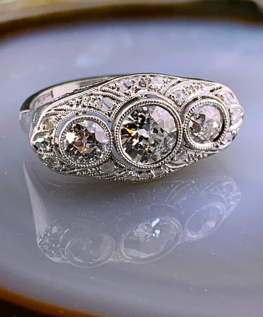 Old European Round Diamond 1.52cttw 18k White Gold Art Deco Ring