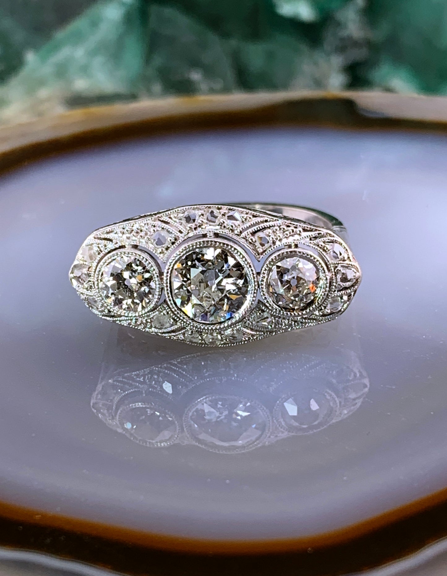 Old European Round Diamond 1.52cttw 18k White Gold Art Deco Ring
