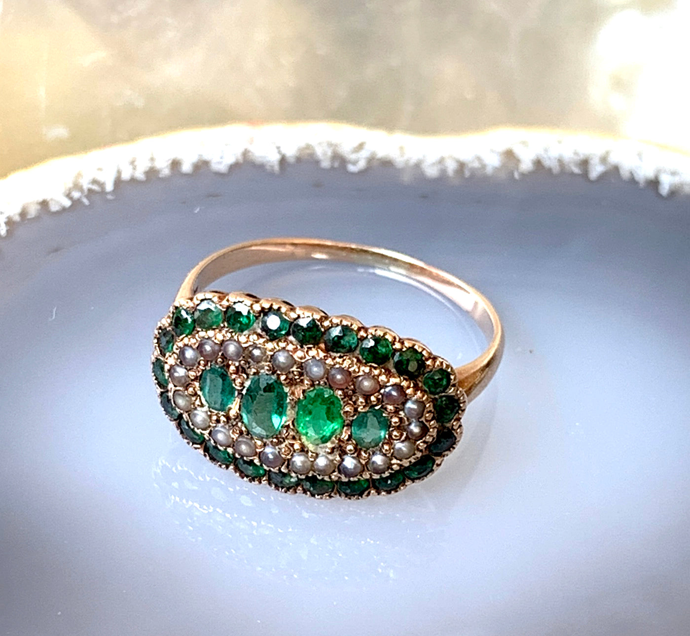 Antique 15K, Demantoid, Emerald & Seed Pearl Ring