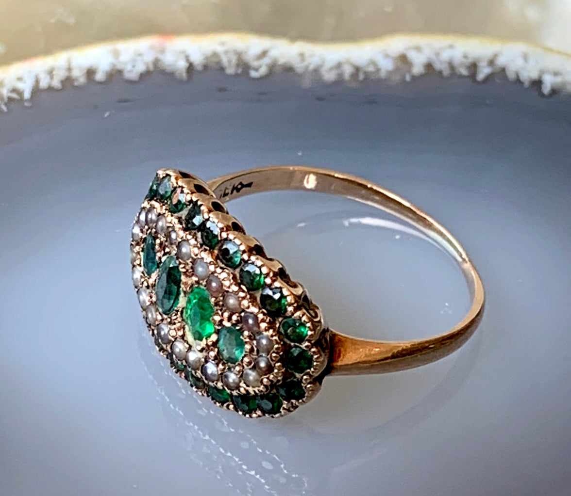 Antique 15K, Demantoid, Emerald & Seed Pearl Ring