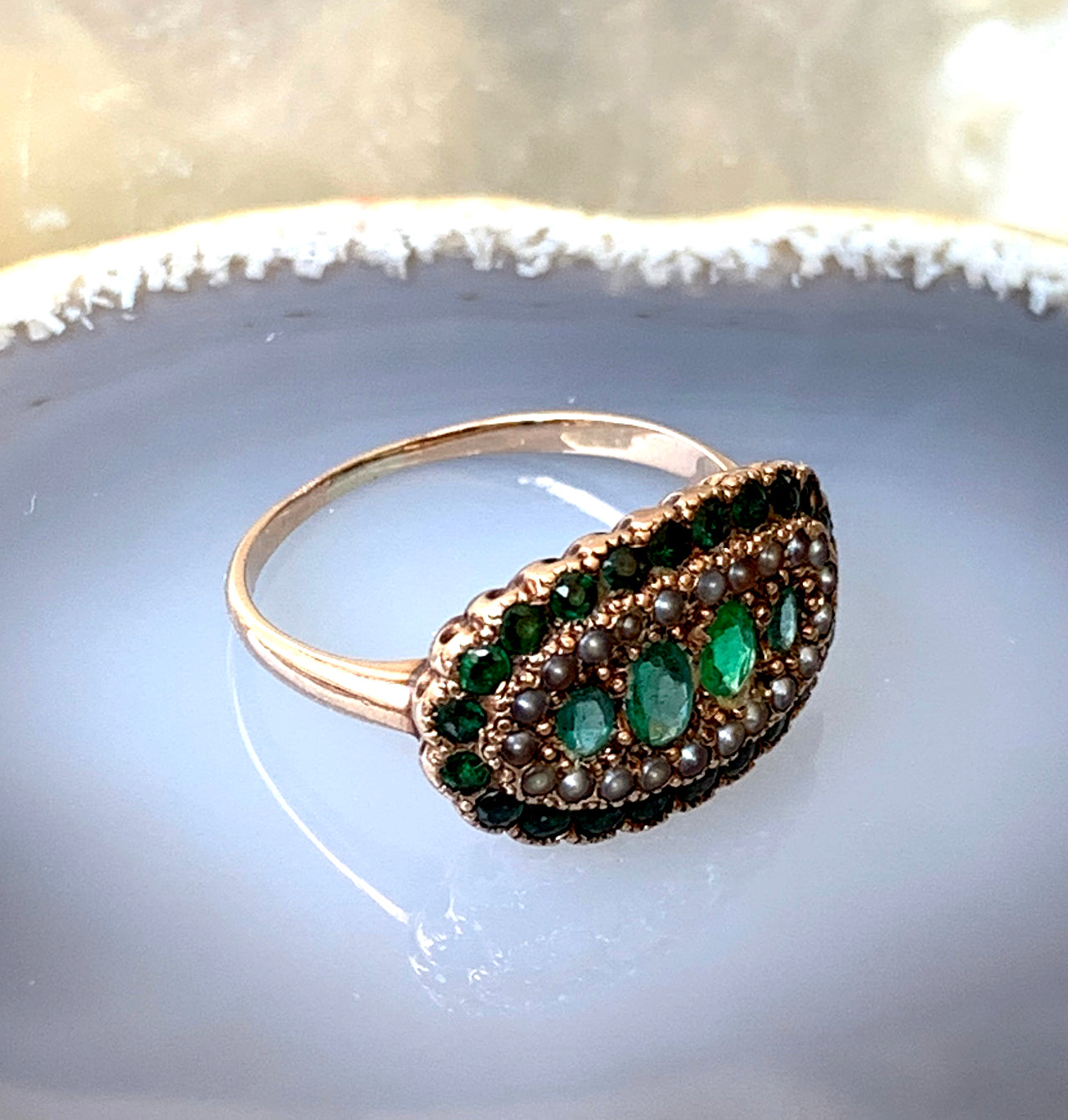 Antique 15K, Demantoid, Emerald & Seed Pearl Ring