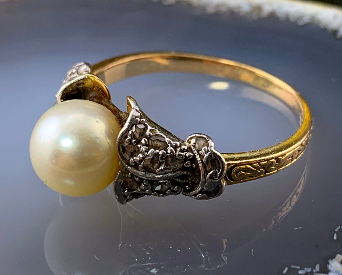 Antique Art Nouveau 18K, Platinum, Diamond & Akoya Pearl Ring