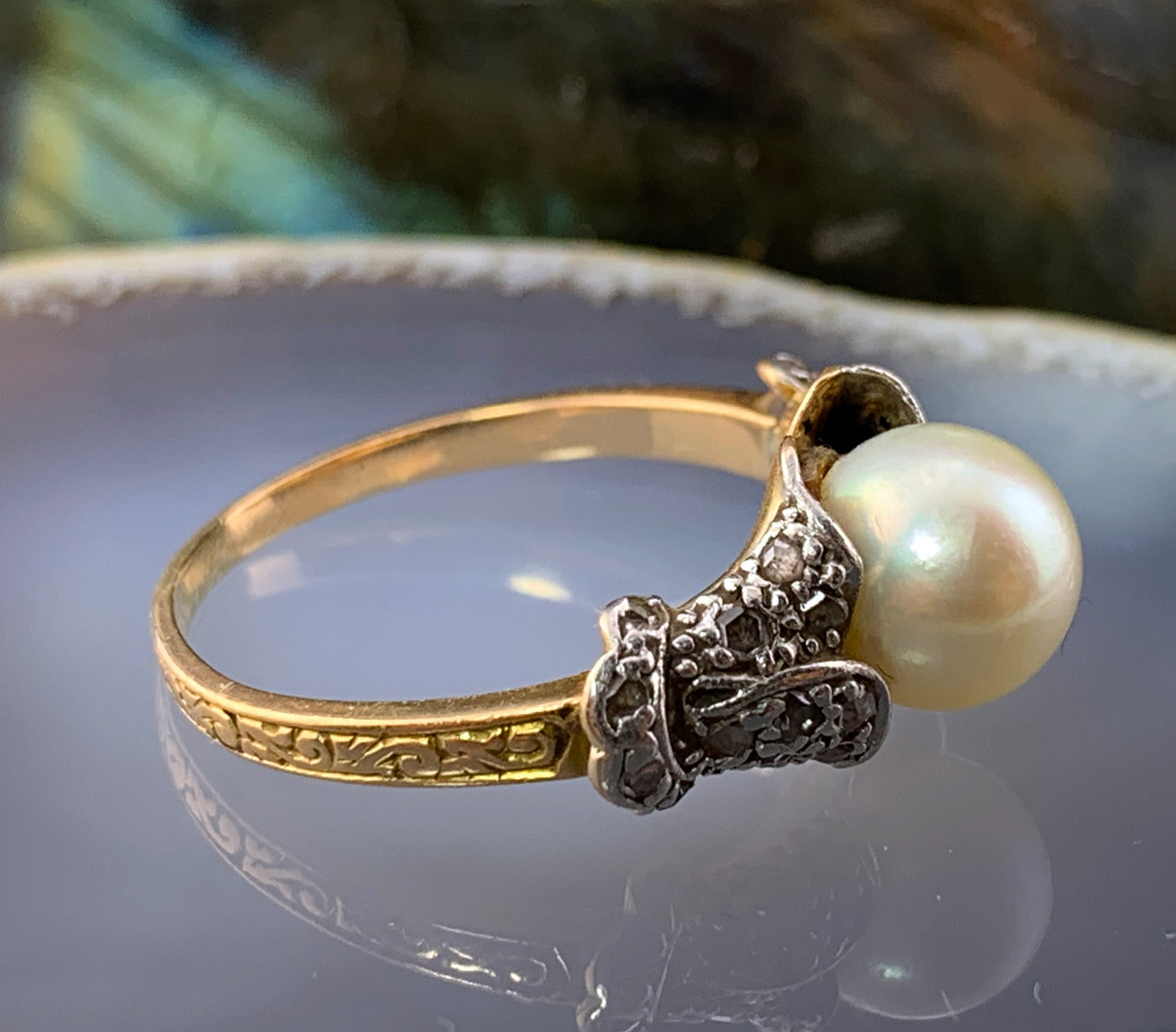 Antique Art Nouveau 18K, Platinum, Diamond & Akoya Pearl Ring
