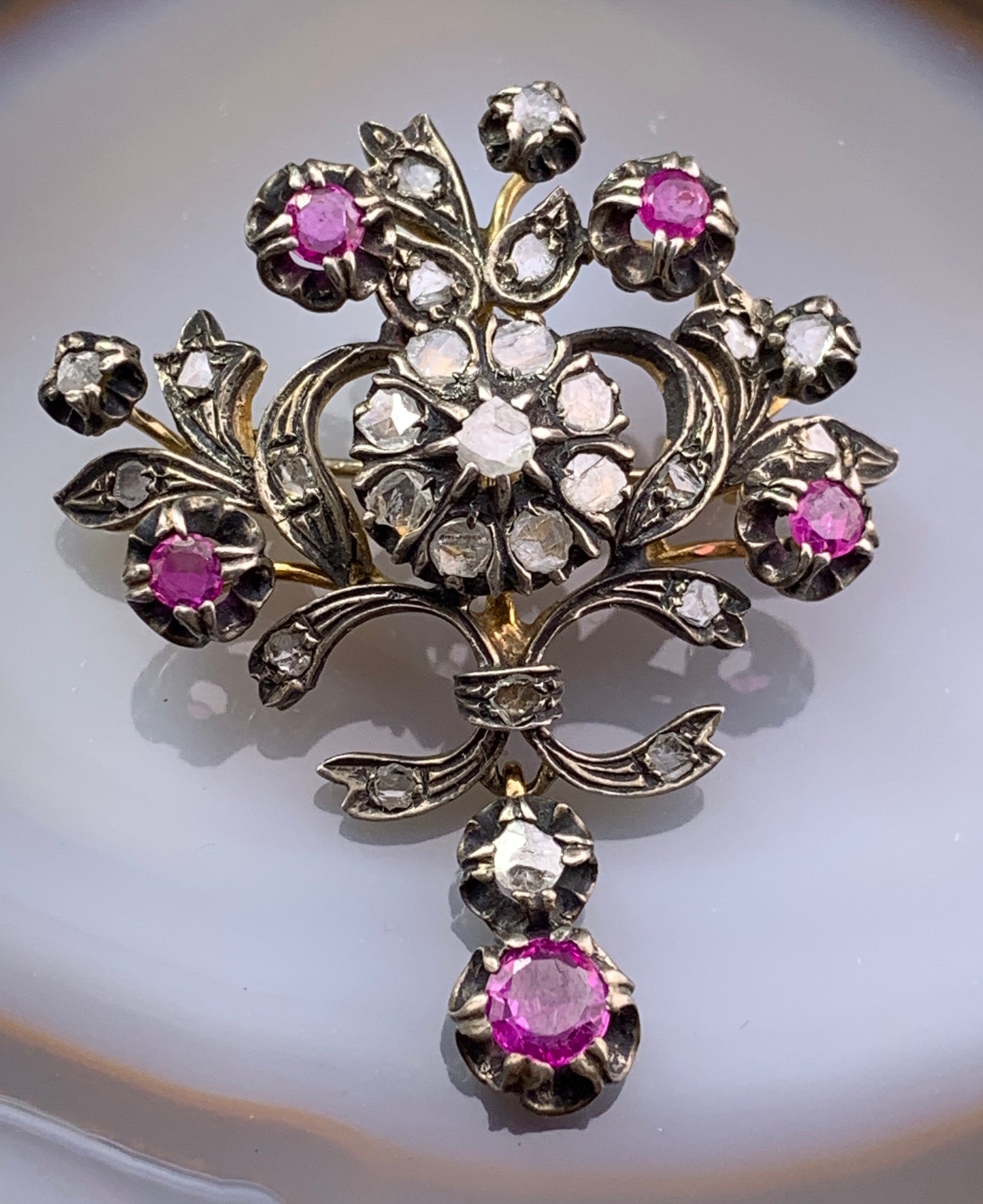 Antique 18K, Silver, Diamond & Ruby Brooch