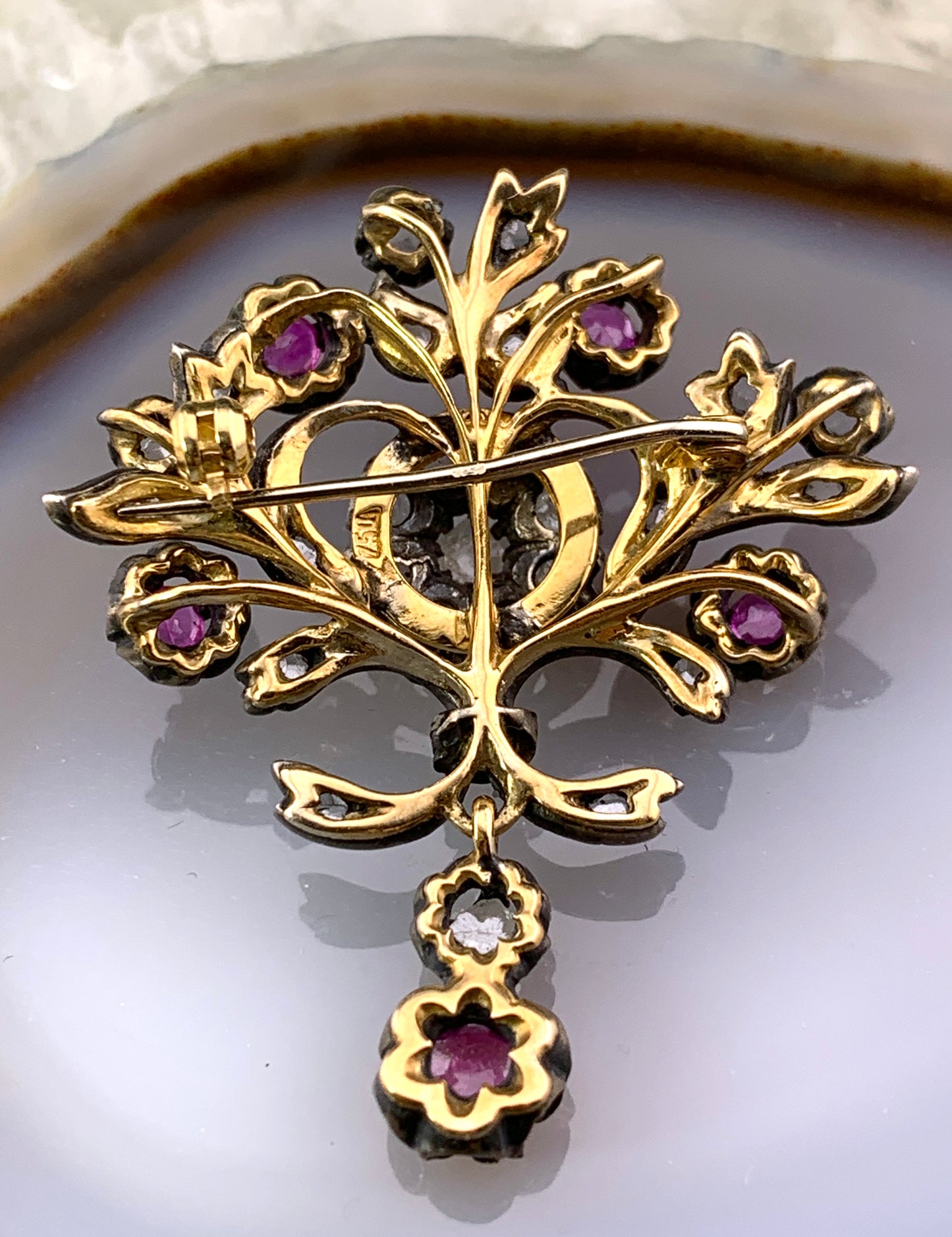 Antique 18K, Silver, Diamond & Ruby Brooch