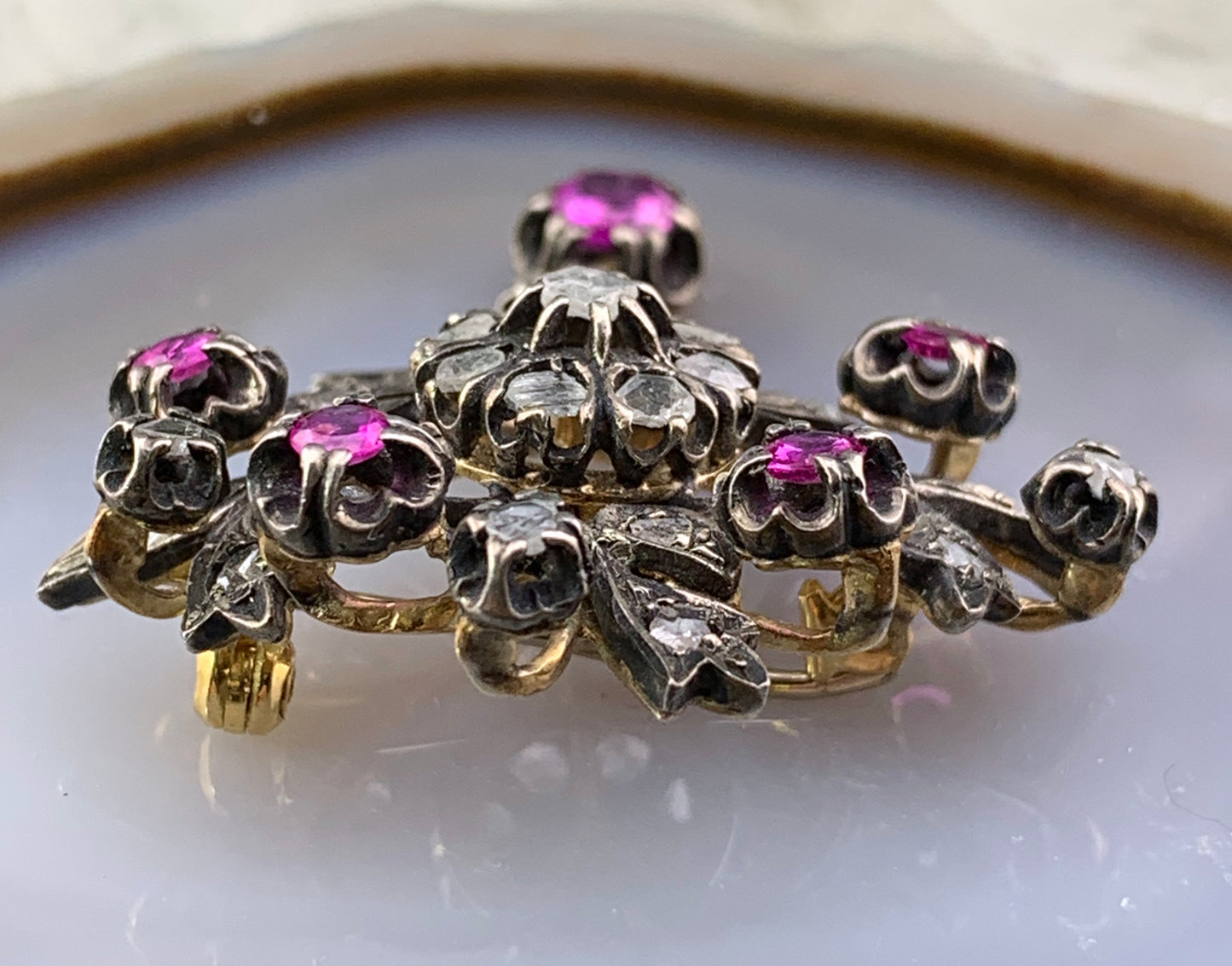 Antique 18K, Silver, Diamond & Ruby Brooch