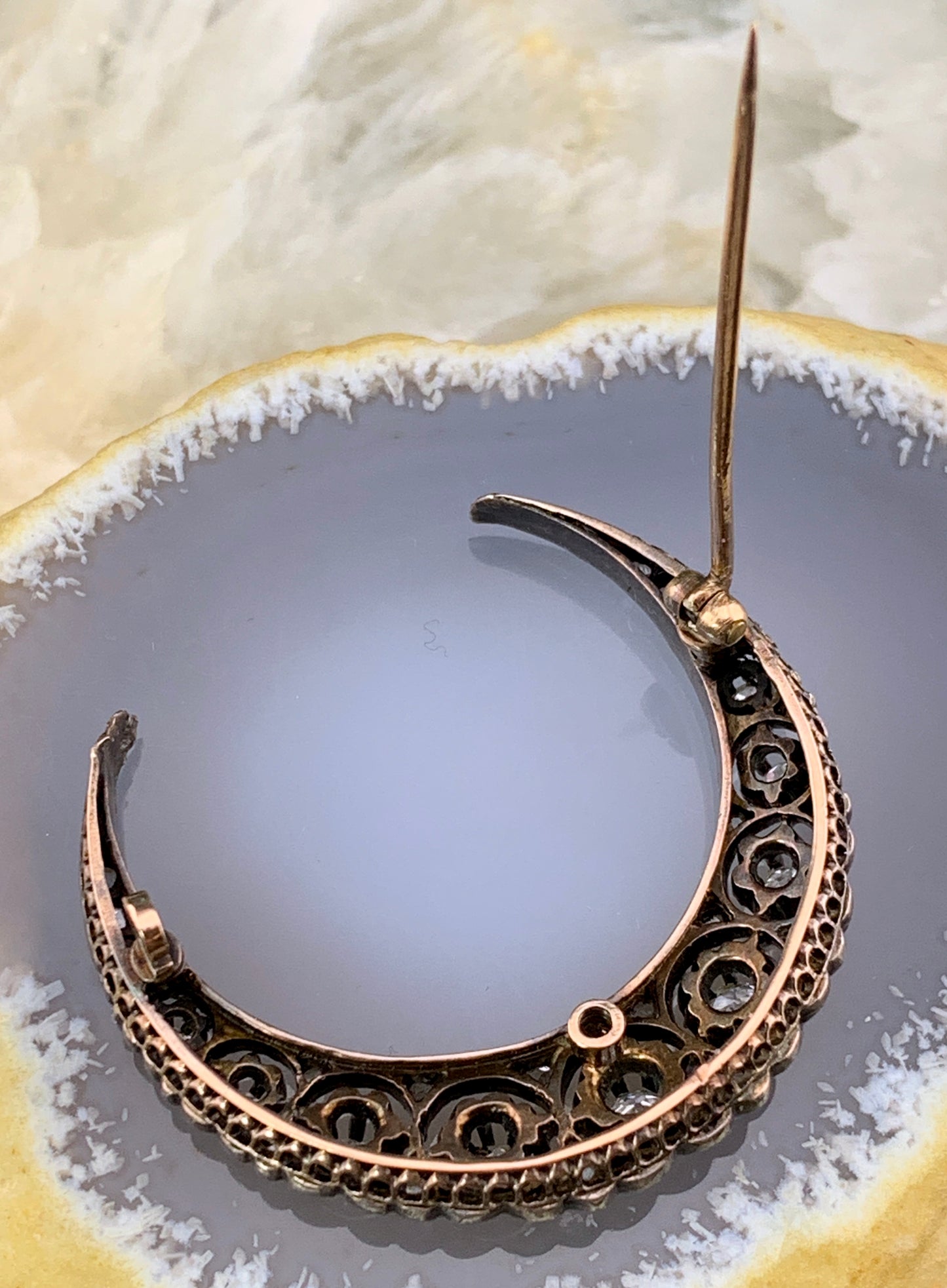 Antique French 18K & Diamond Crescent Moon Brooch