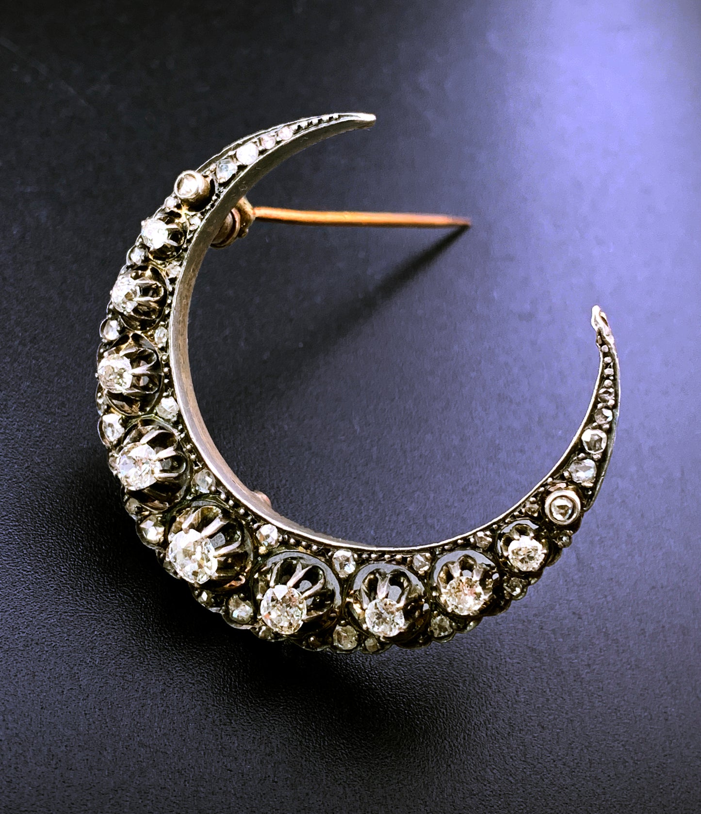 Antique French 18K & Diamond Crescent Moon Brooch