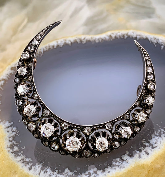 Antique French 18K & Diamond Crescent Moon Brooch