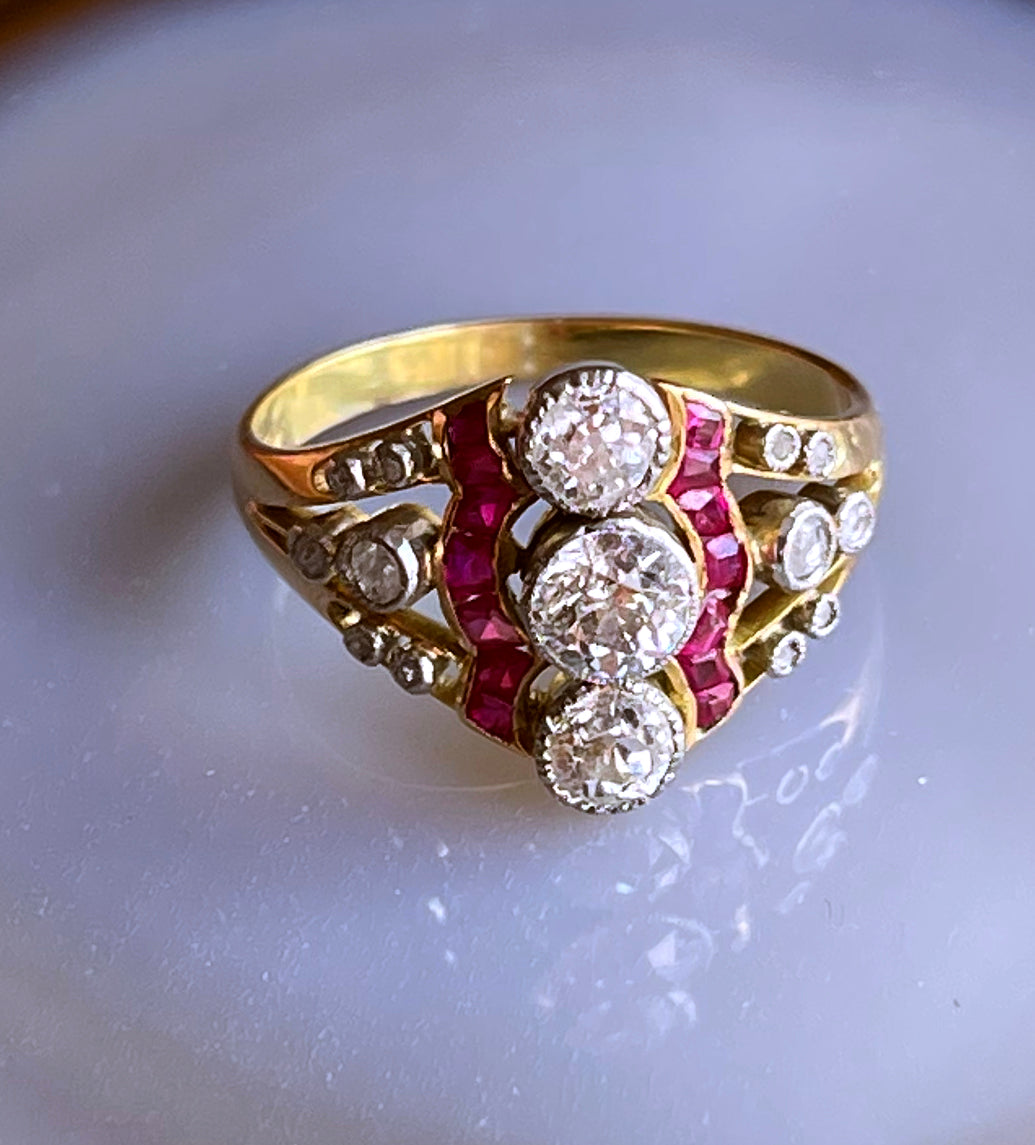 Antique French Belle Epoque 18K, Platinum, Diamond & Ruby Ring