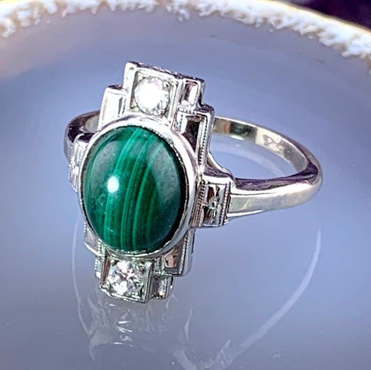 Antique Art Deco 14K, Diamond & Malachite Ring