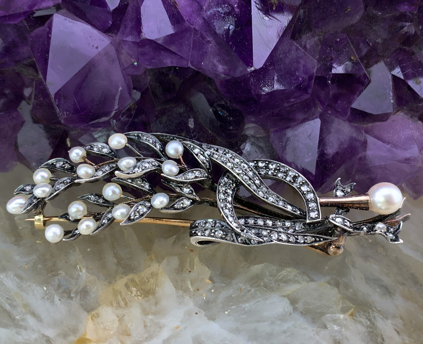 Antique 18K, Silver, Diamond & Pearl Wheat Brooch