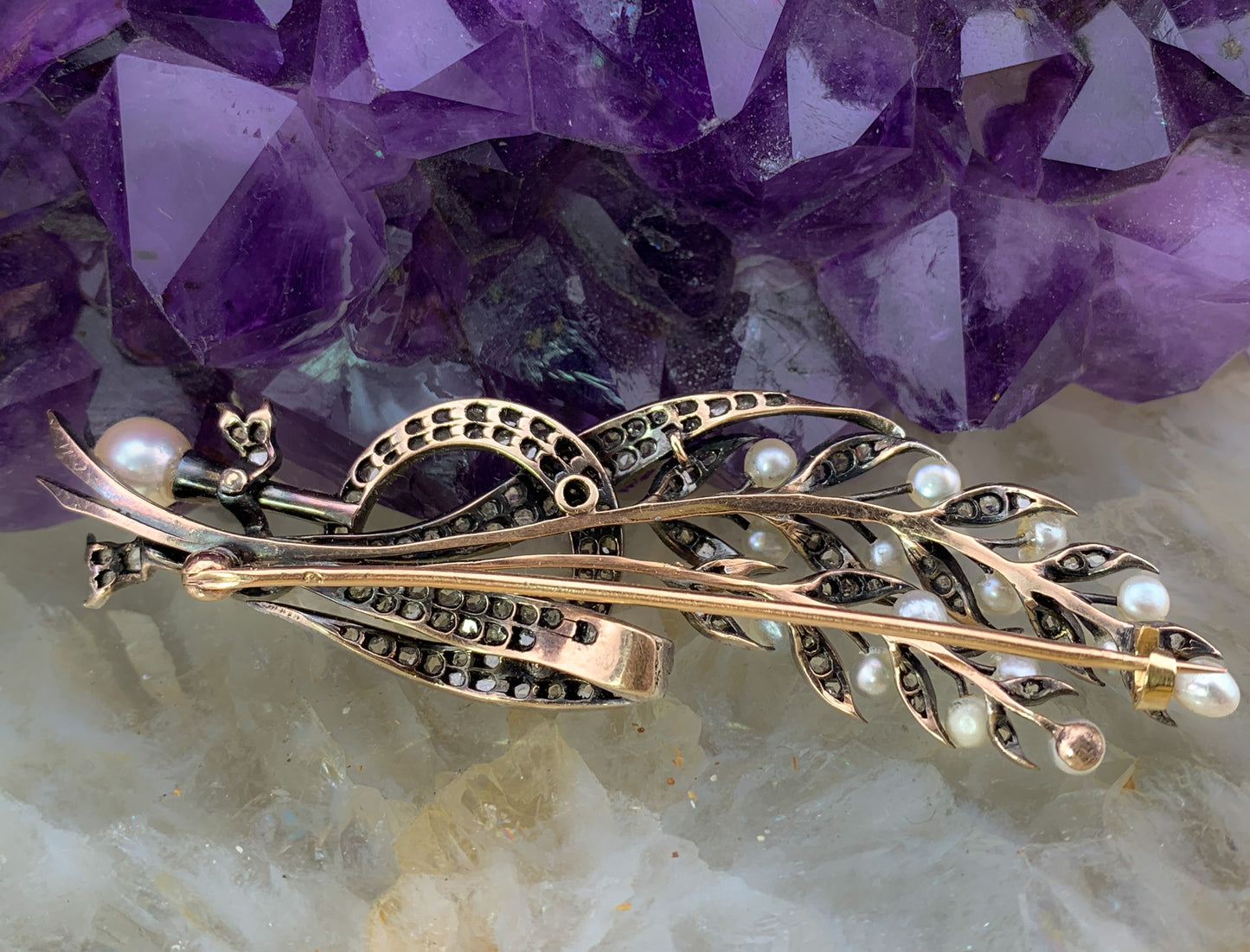 Antique 18K, Silver, Diamond & Pearl Wheat Brooch