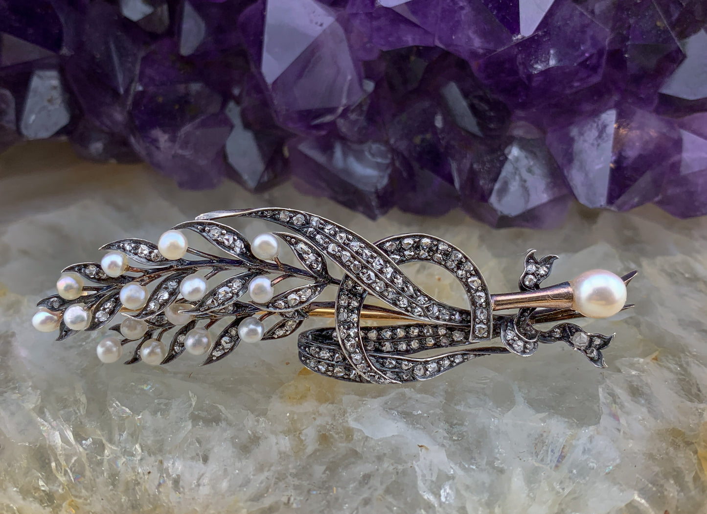 Antique 18K, Silver, Diamond & Pearl Wheat Brooch