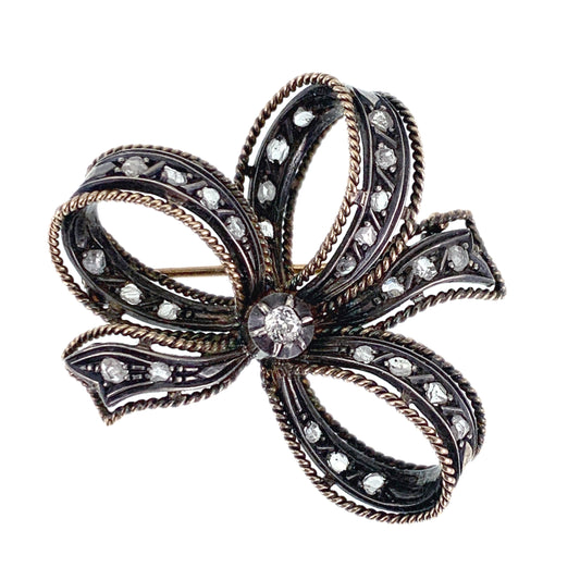 Antique 18K, Silver & Diamond Bow Brooch Sevigne