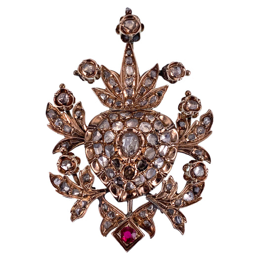 Antique 9K, Diamond & Ruby Brooch