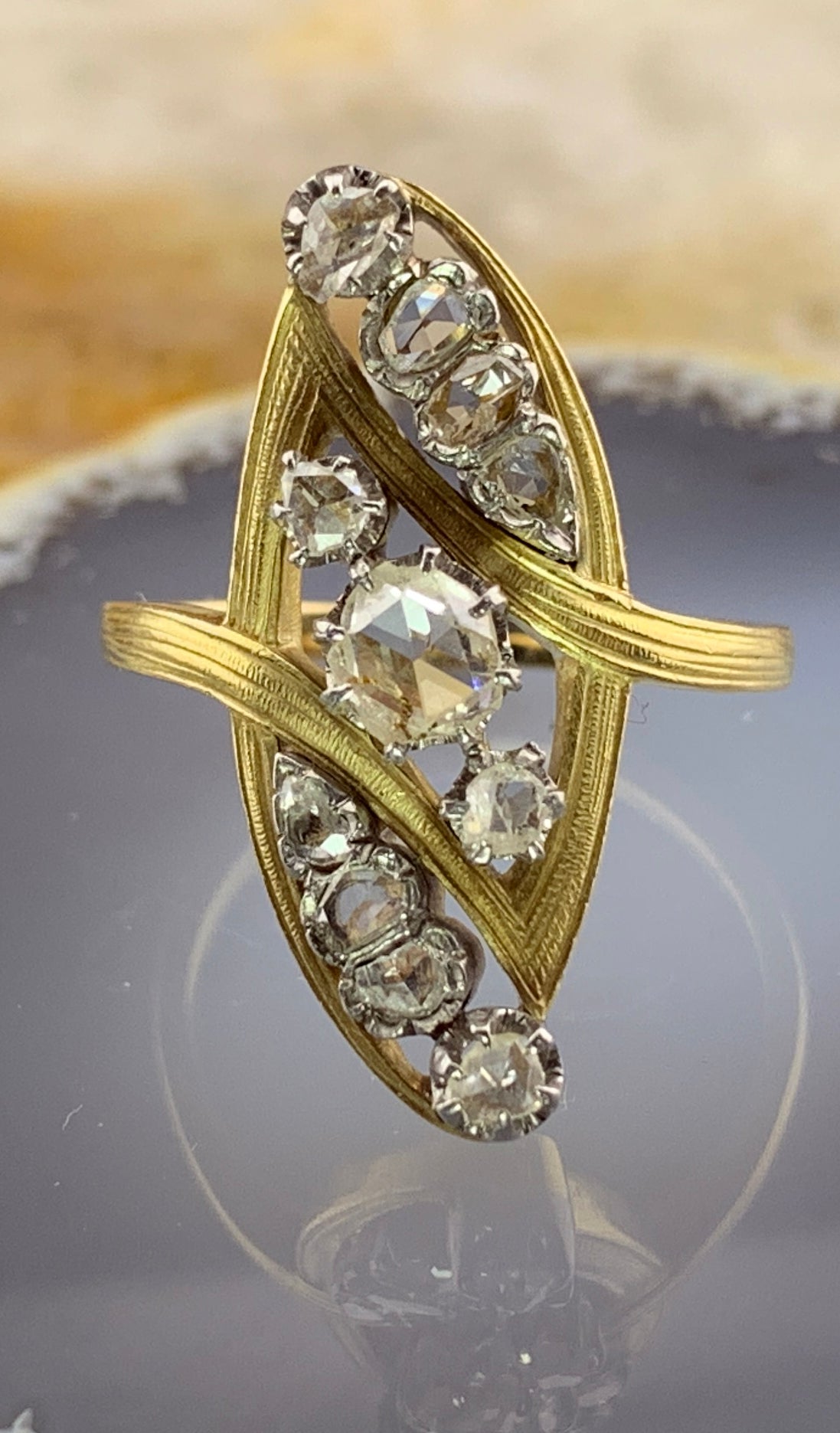 Antique French 18K & Diamond Navette Ring