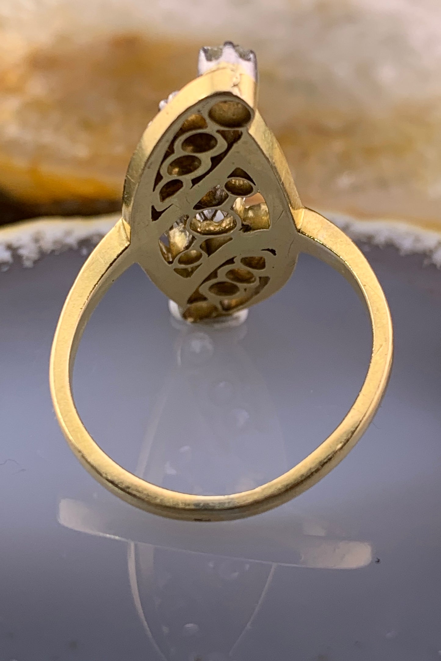 Antique French 18K & Diamond Navette Ring