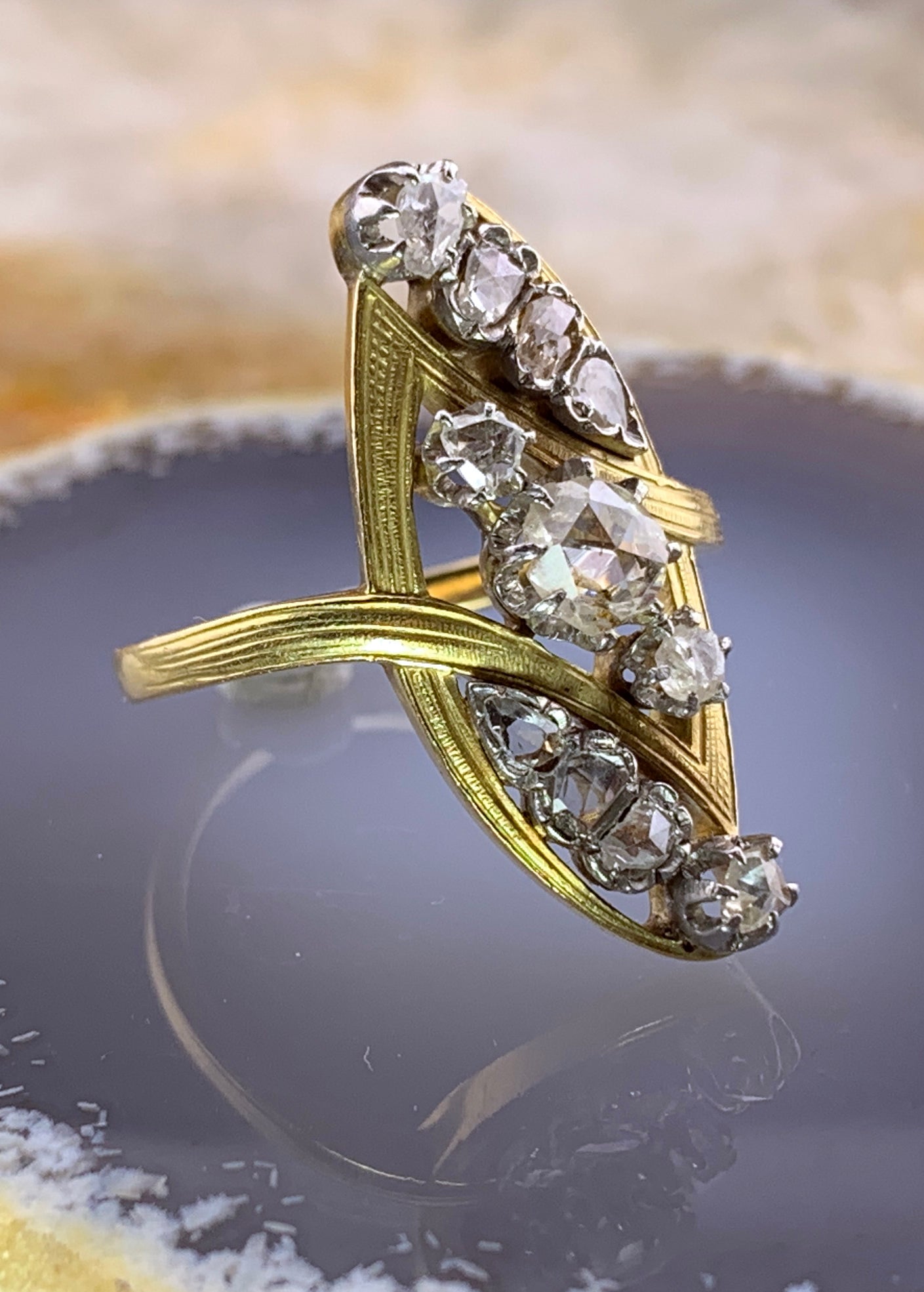 Antique French 18K & Diamond Navette Ring